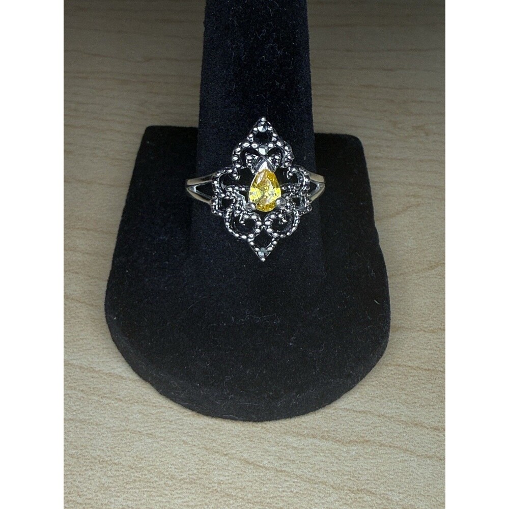 Vtg inspired Silvertone Mustard Yellow Glass Cocktail Statement Ring 7.75